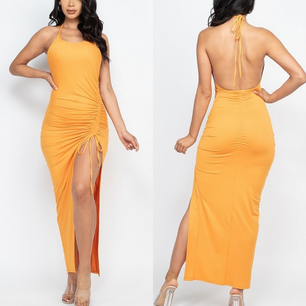 SEXY GOLD RUCHED SIDE HIGH SLIT HALTER MAXI DRESS
